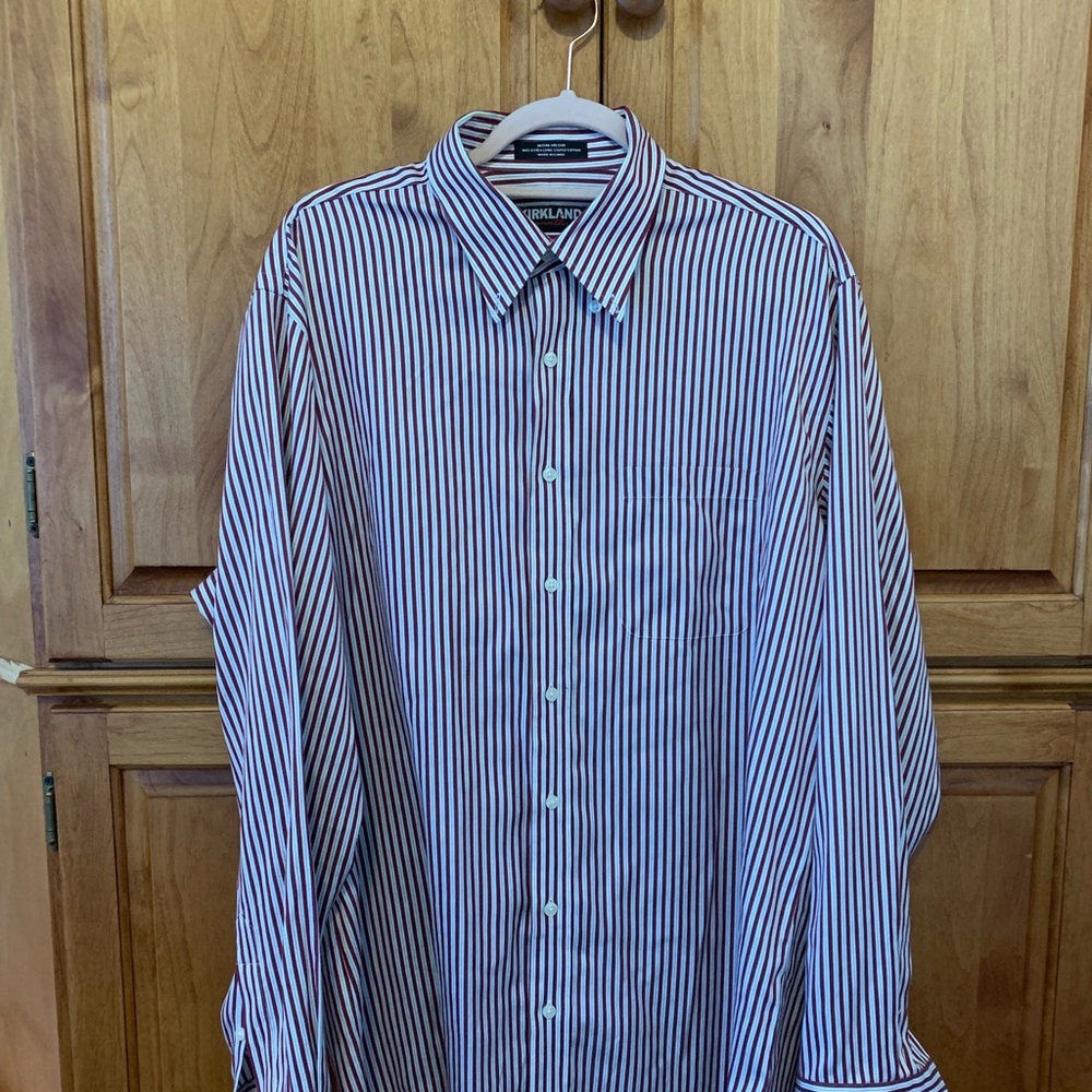 Kirkland brand cranberry and white striped shirt